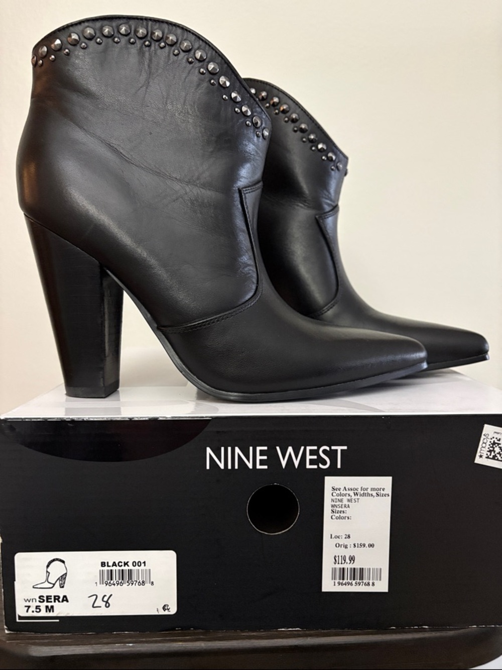 Nine West Black Pointed-Toe Studded Leather Ankle Boots